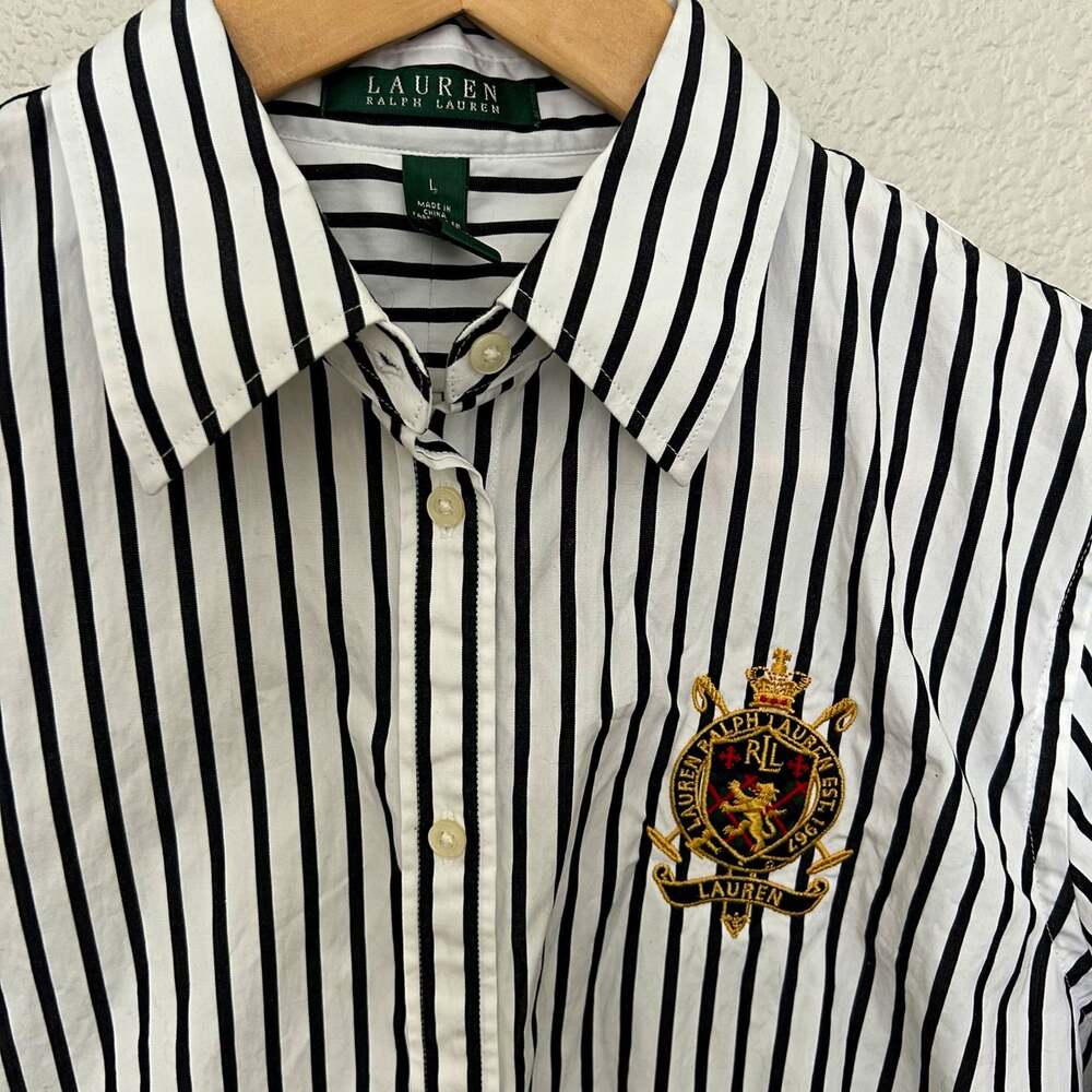 Lauren Ralph Lauren Women’s L Regular Black White Striped Logo Dress Shirt
